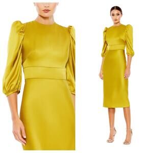 NWT IEENA for MAC DUGGAL Chartreuse Satin High Neck 3/4 Sleeve Midi Dress Womens